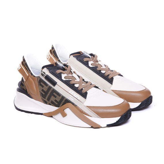 Fendi Flow Sneakers Brown leather and brown FF jacquard running shoes